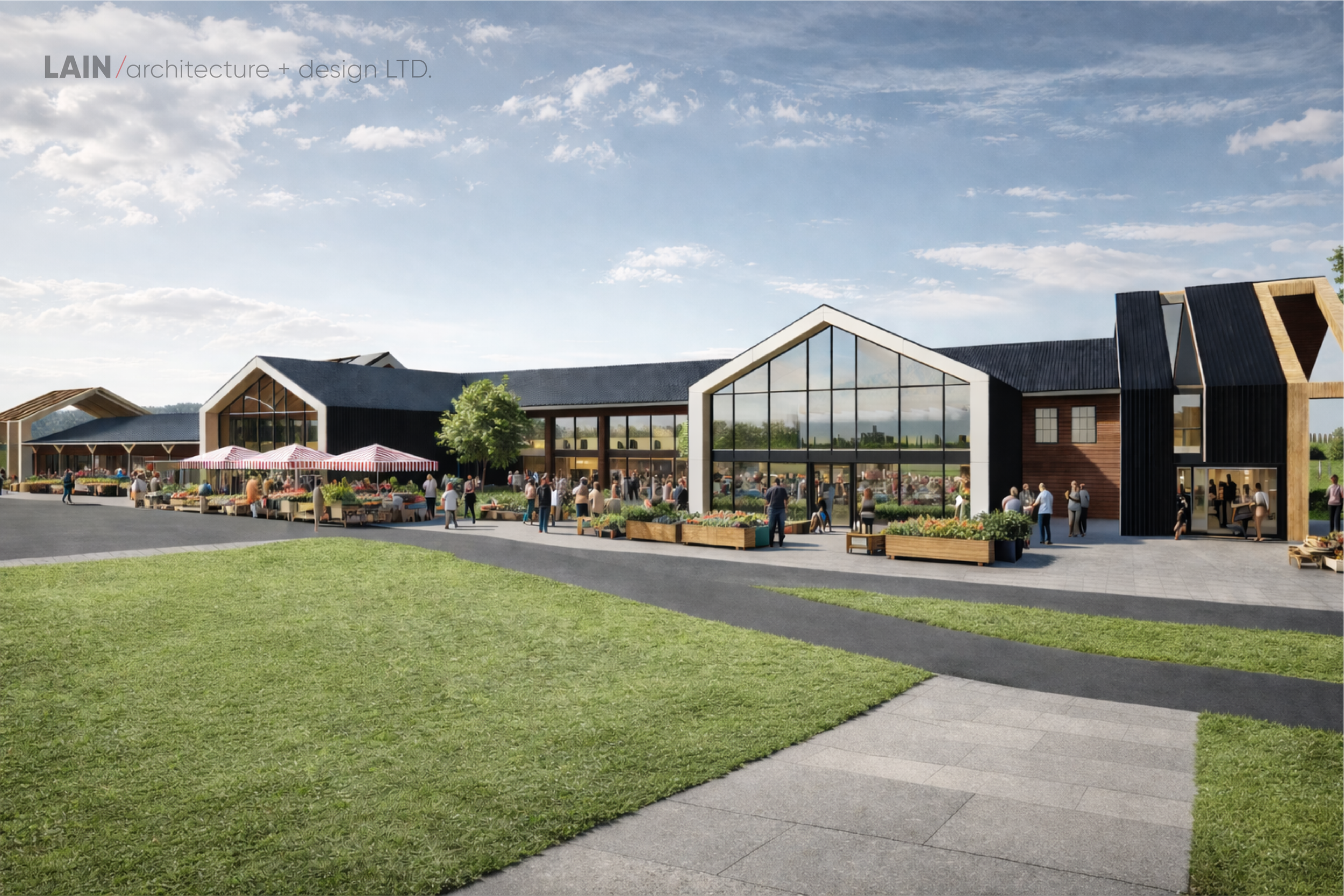 Rendering of an outdoor marketplace with modern architecture, people shopping, and vendor booths with umbrellas on a sunny day.