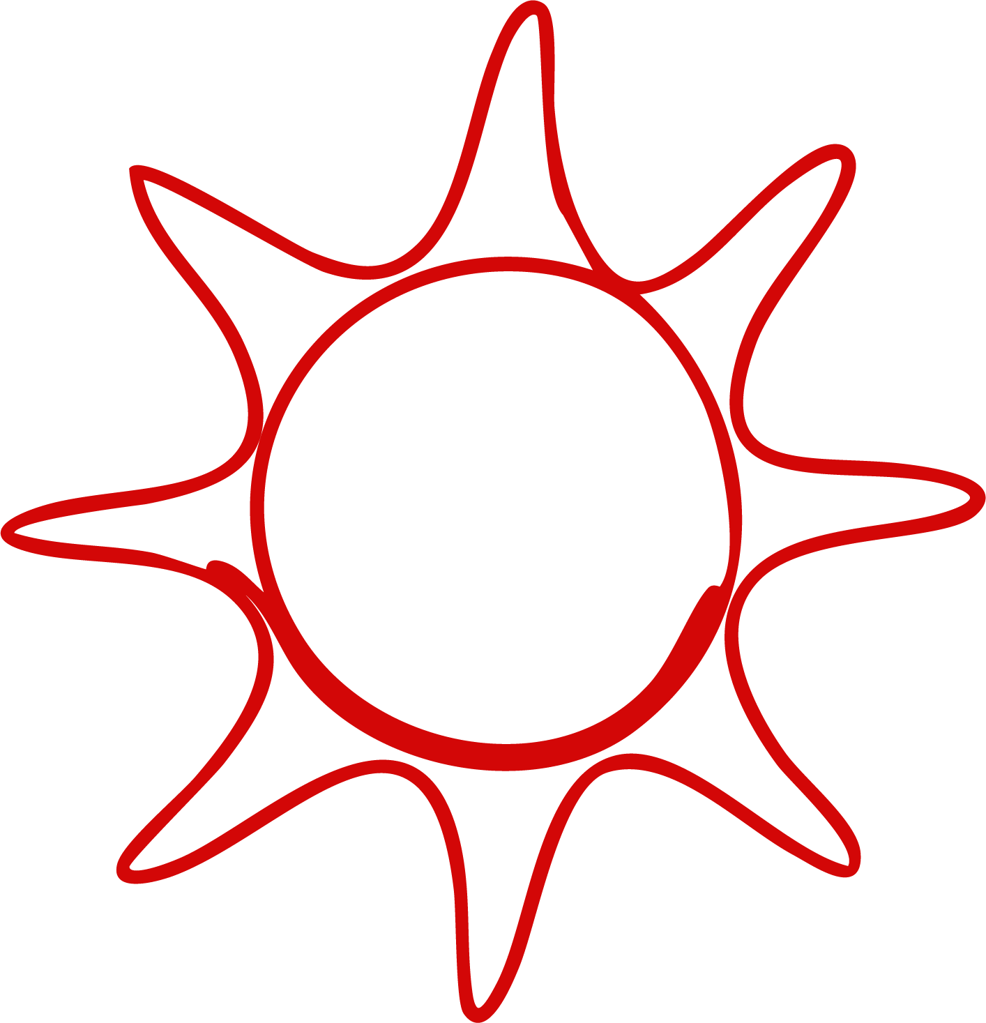 A red outline drawing of a sun with a circular center and pointed, irregular rays extending outward on a black background.