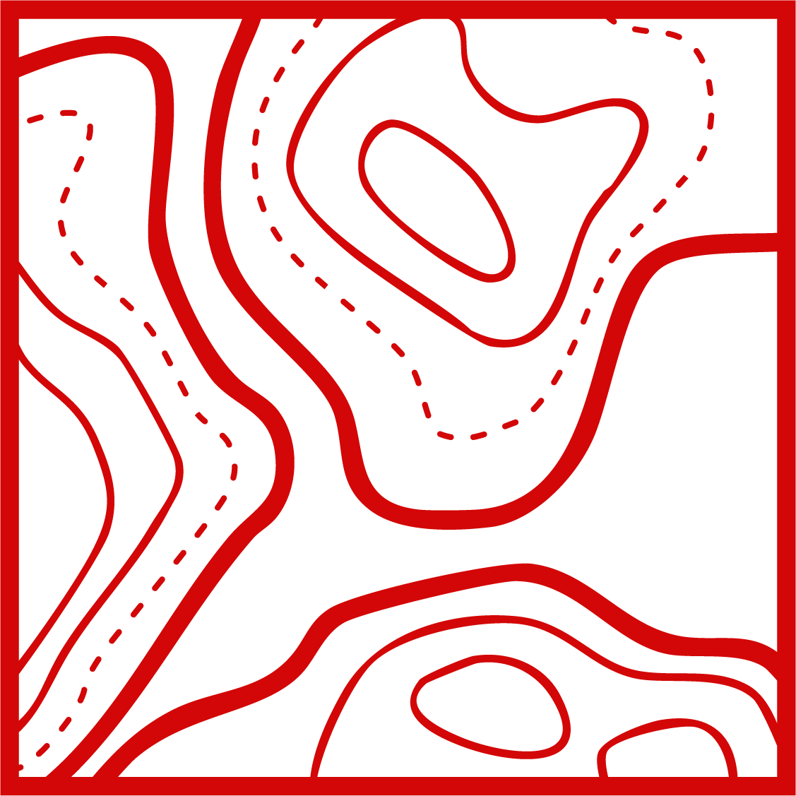 A topographic map featuring black background with red contour lines indicating elevation changes.