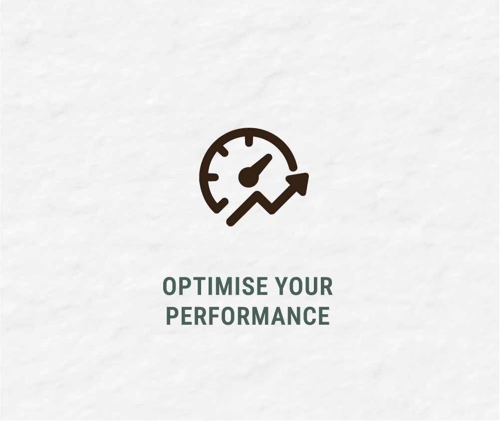 Icon of a speedometer with an upward arrow, with the text "Optmise your performance" below.