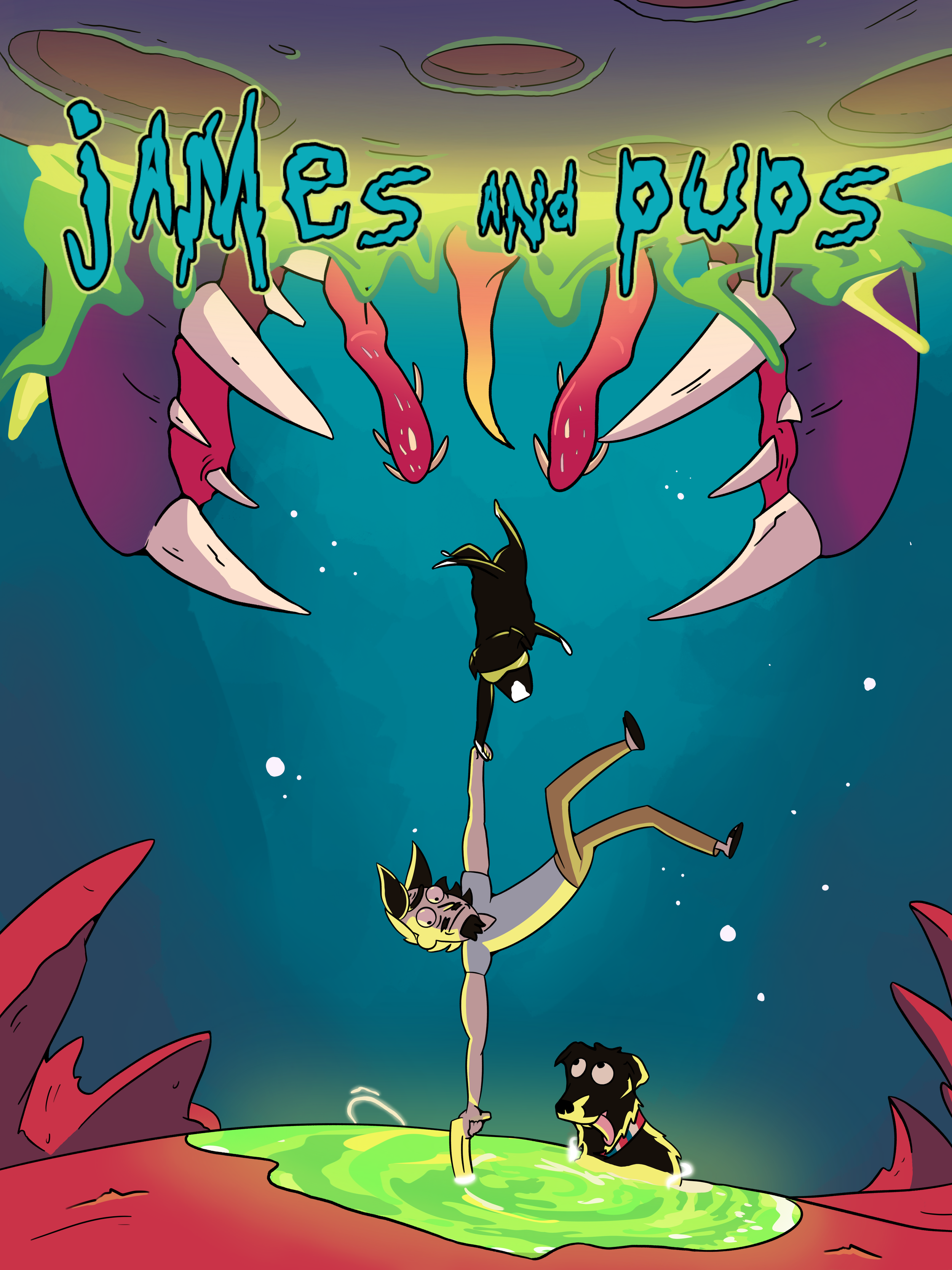 A cartoon illustration of a person in a costume, with a dog, performing a handstand on a green rope over a glowing green pool, with a large menacing creature with sharp teeth and claws looming above, and the words 'JAMES AND PUPS' in colorful, jagged