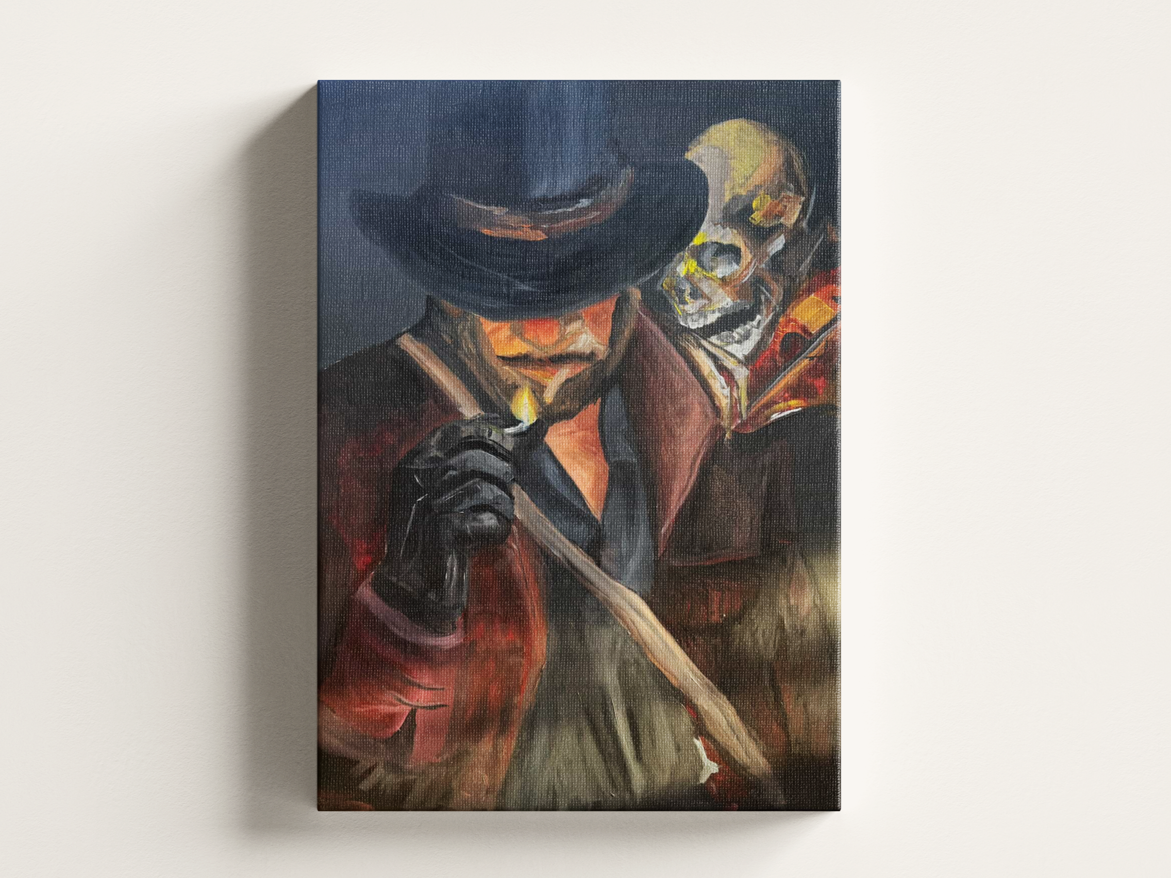 Painting of a person wearing a wide-brimmed hat and a dark coat, holding a pipe, with a skeleton figure in the background.