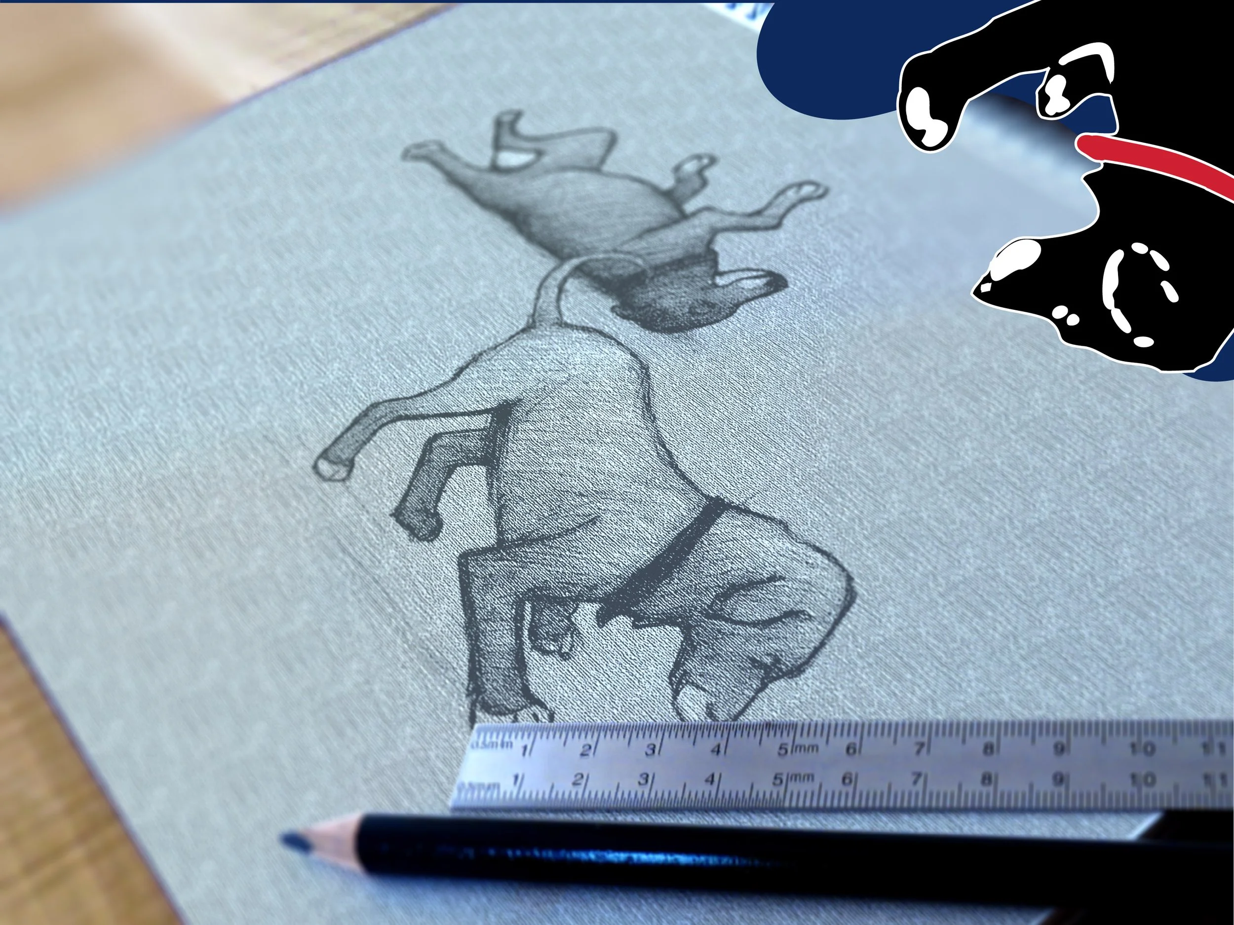 Detailed sketch of a dog, viewed from the side, with a ruler and a pencil nearby.