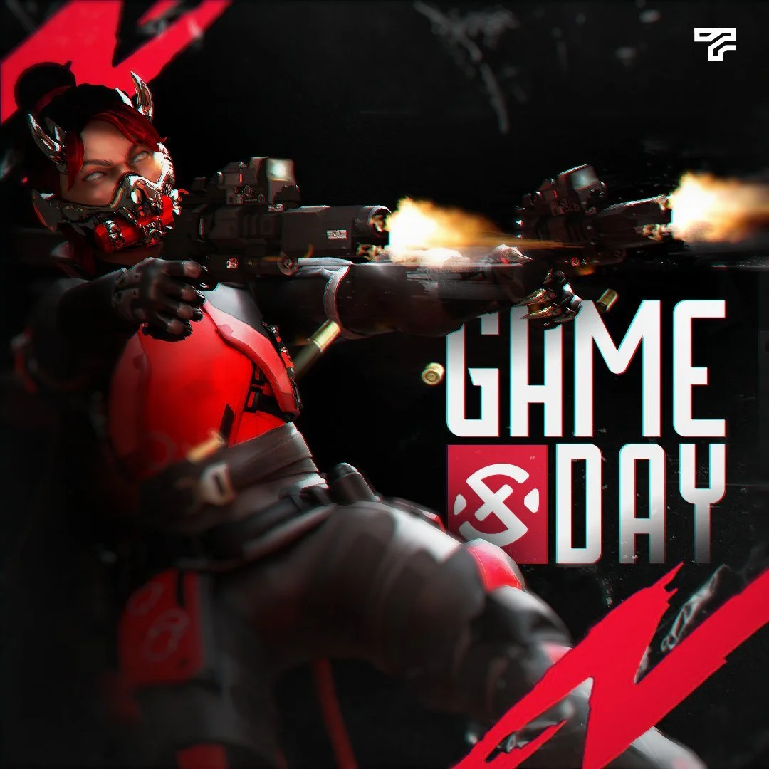 A character from the game Overwatch with red hair and a red and black suit, aiming and firing a gun. The background is dark with red accents, and the text 'Game Day' is displayed prominently.