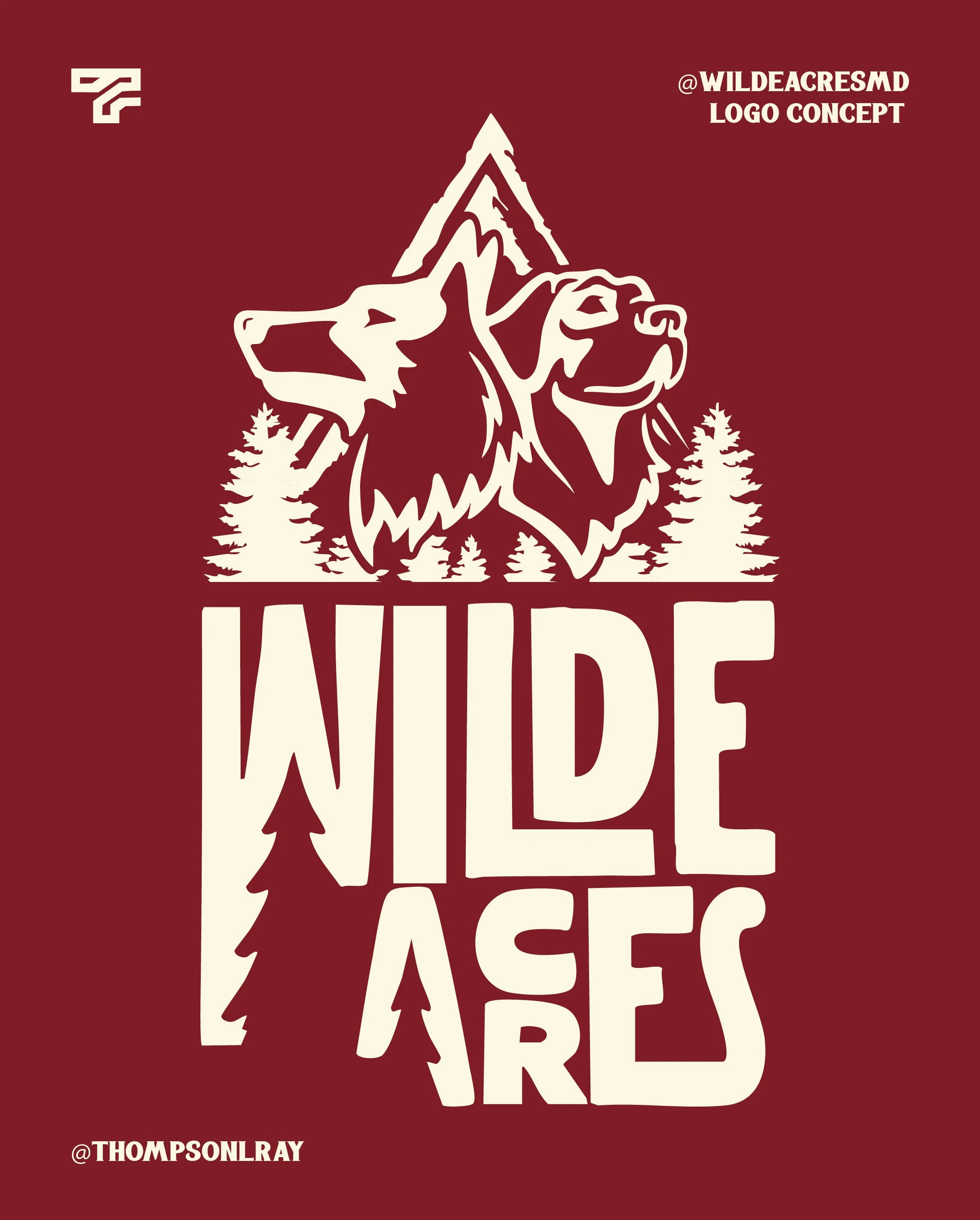 Red background with white mountain and trees outline, featuring stylized wolf and bear faces above the text 'WILDERARES'. Social media handles @WILDEACRESMD and @THOMPSONLRAY.