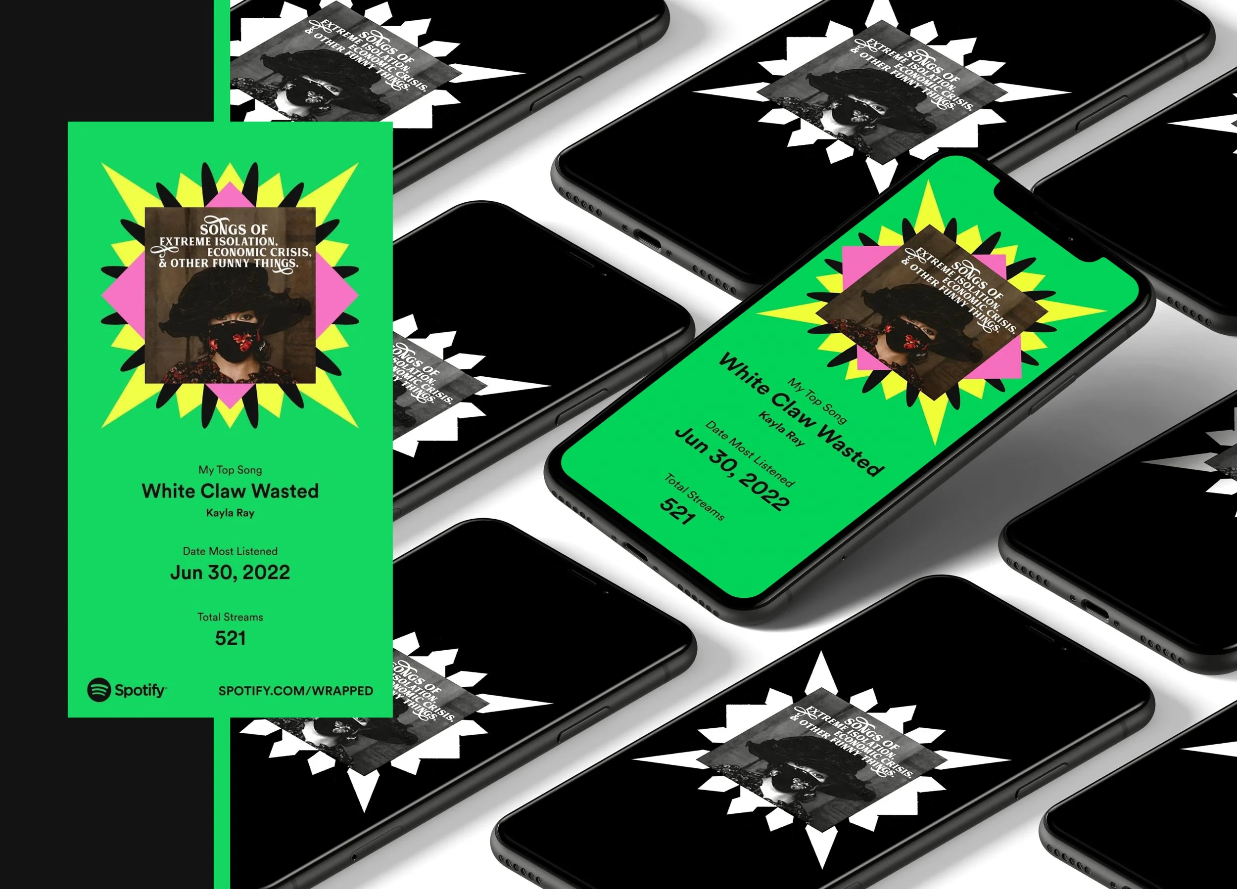 A digital display of a Spotify listening summary for Kayla Ray, showing her top song "White Claw Wasted," most listened date June 30, 2022, and total streams 521. The screen features a colorful album cover with a woman wearing a hat and face mask, and the background has a bright green color.