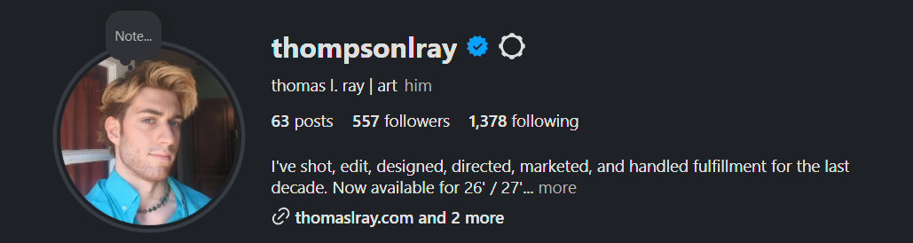 Instagram profile page of thompsonlrays showing profile picture of a man with blond hair and blue shirt, with follower and post counts.