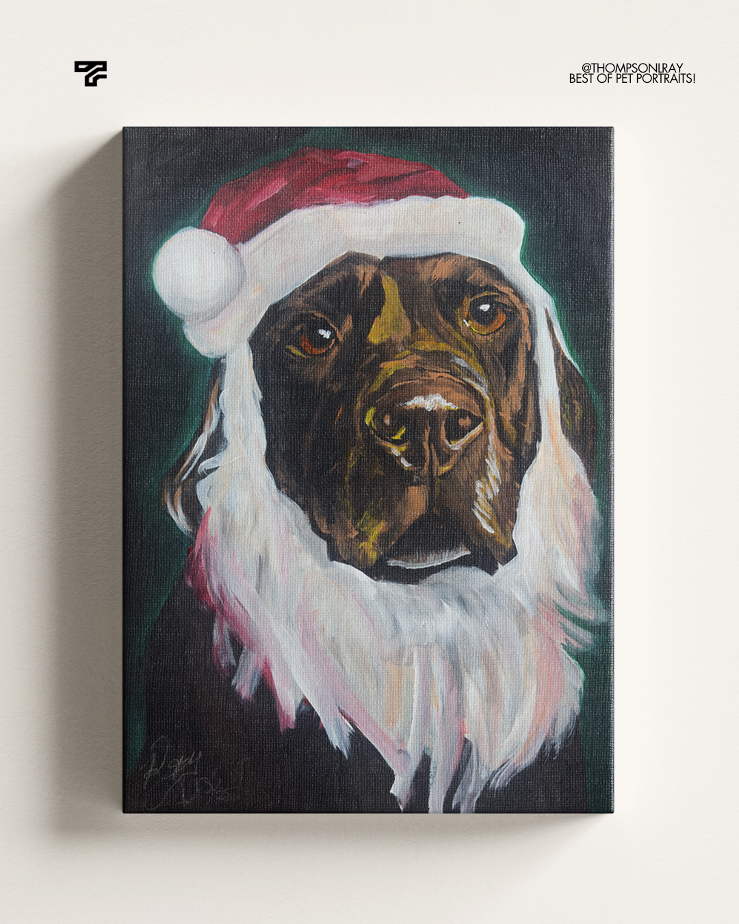 Painting of a dog wearing a Santa hat and a white beard, with a dark background.