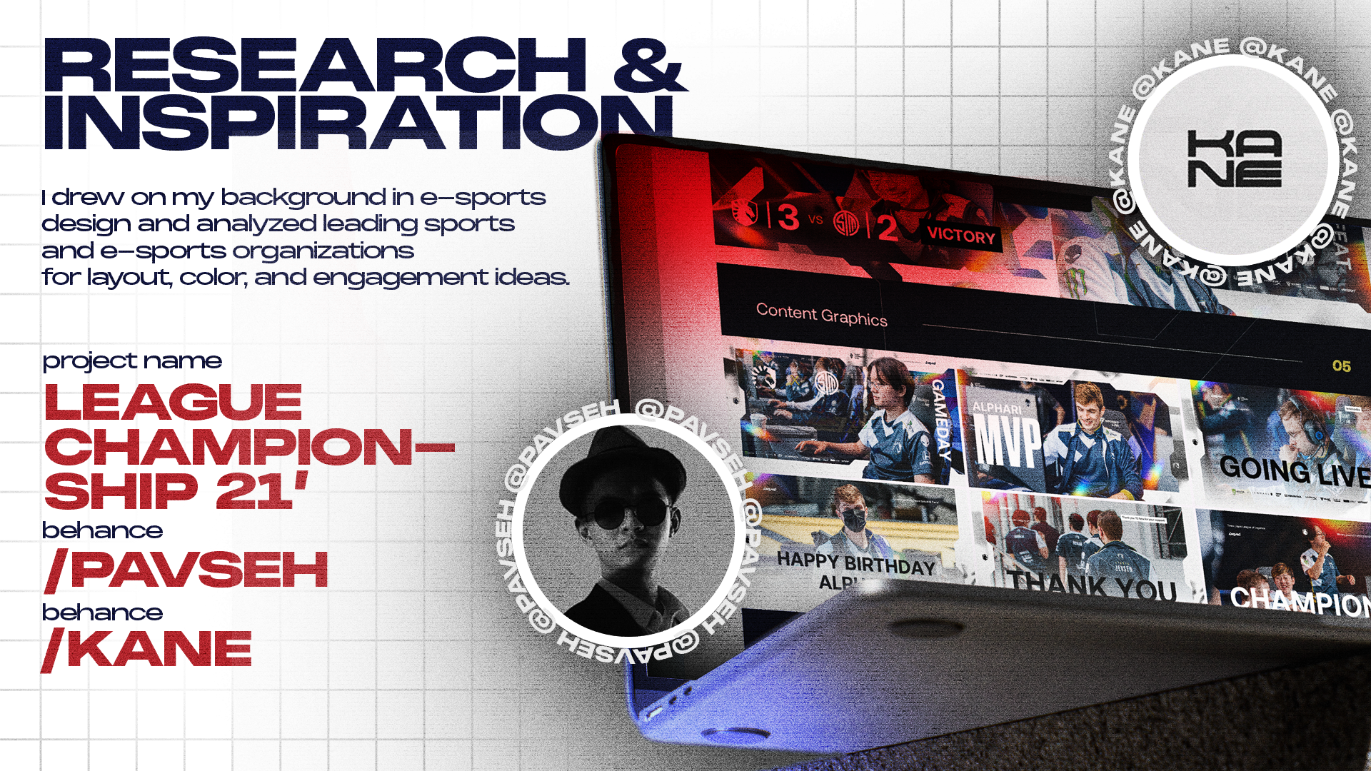 Digital collage featuring a grid background with bold text about research and inspiration in e-sports, a partial view of a computer screen displaying e-sports content, and a circular cutout of a person wearing sunglasses and a hat.