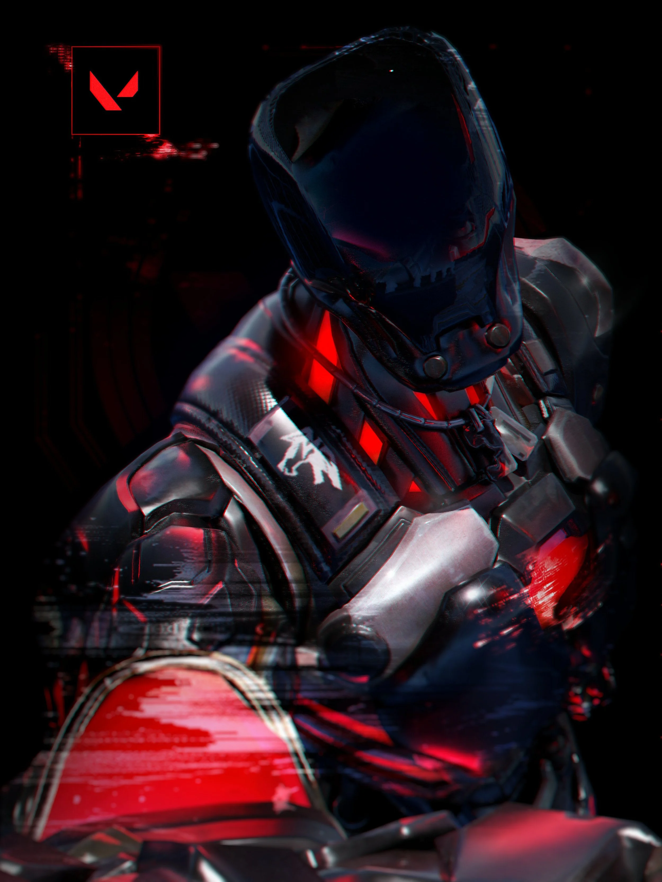 A futuristic armored person in a dark environment, wearing a sleek helmet with a reflective visor and glowing red accents on the suit, with digital glitch effects.