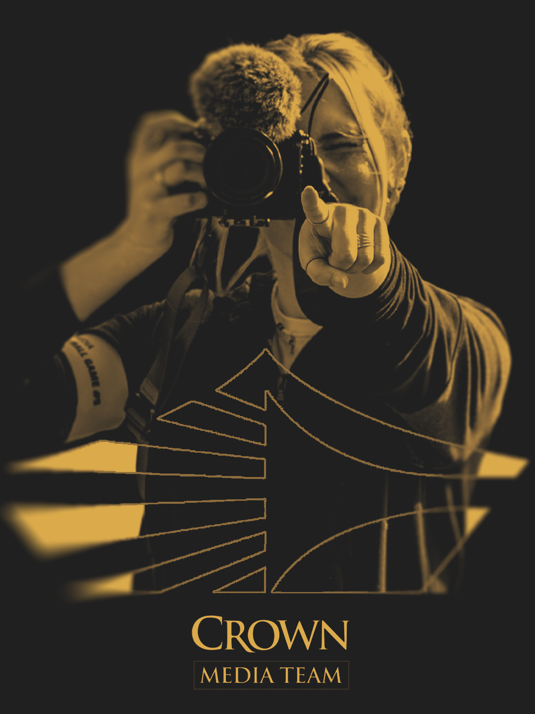 A person with blonde hair takes a photograph with a camera, pointing directly at the viewer, with a person pointing back. The image has a black and gold color theme with a logo at the bottom that reads 'CROWN MEDIA TEAM.'