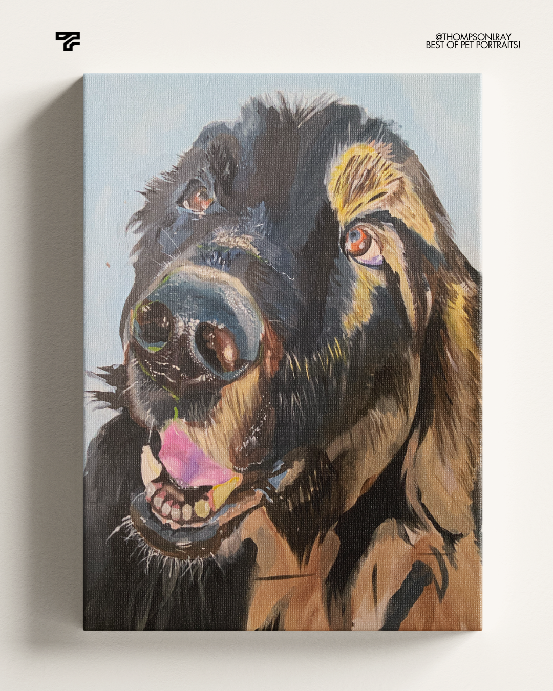 Close-up painting of a happy black and tan dog, possibly a German Shepherd mix, with its tongue out and eyes looking at the viewer, against a light background.