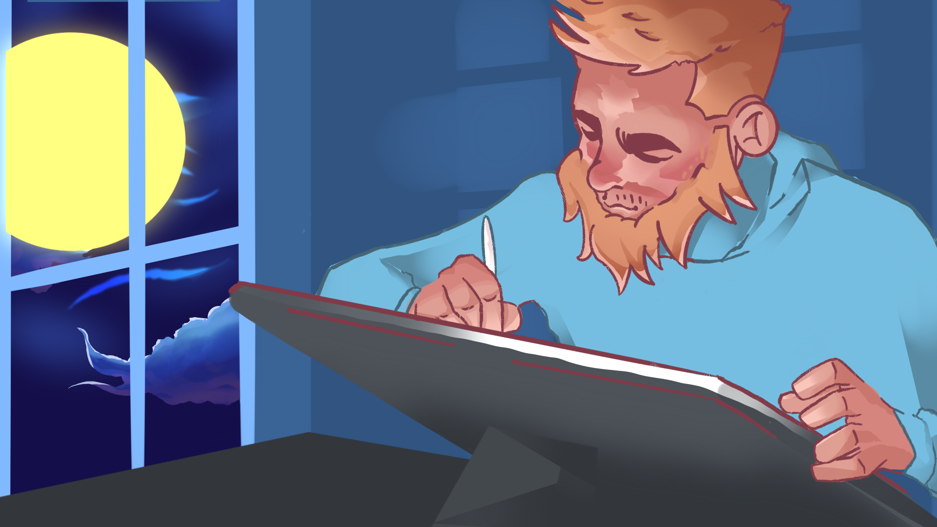 A man with a beard and blonde hair, wearing a blue shirt, is sitting at a desk drawing or writing on a digital tablet with a stylus. There is a window behind him showing a view of the moon and clouds in the night sky.