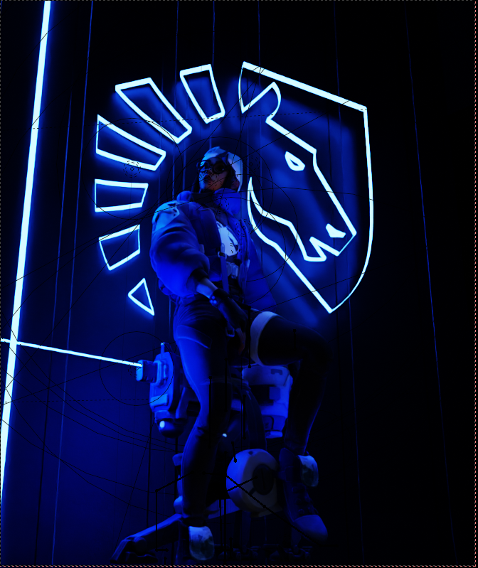Neon blue logo of a lion's head with a mane, displayed behind a person seated on a mechanical chair, wearing safety goggles, with dark background and vertical light beams.