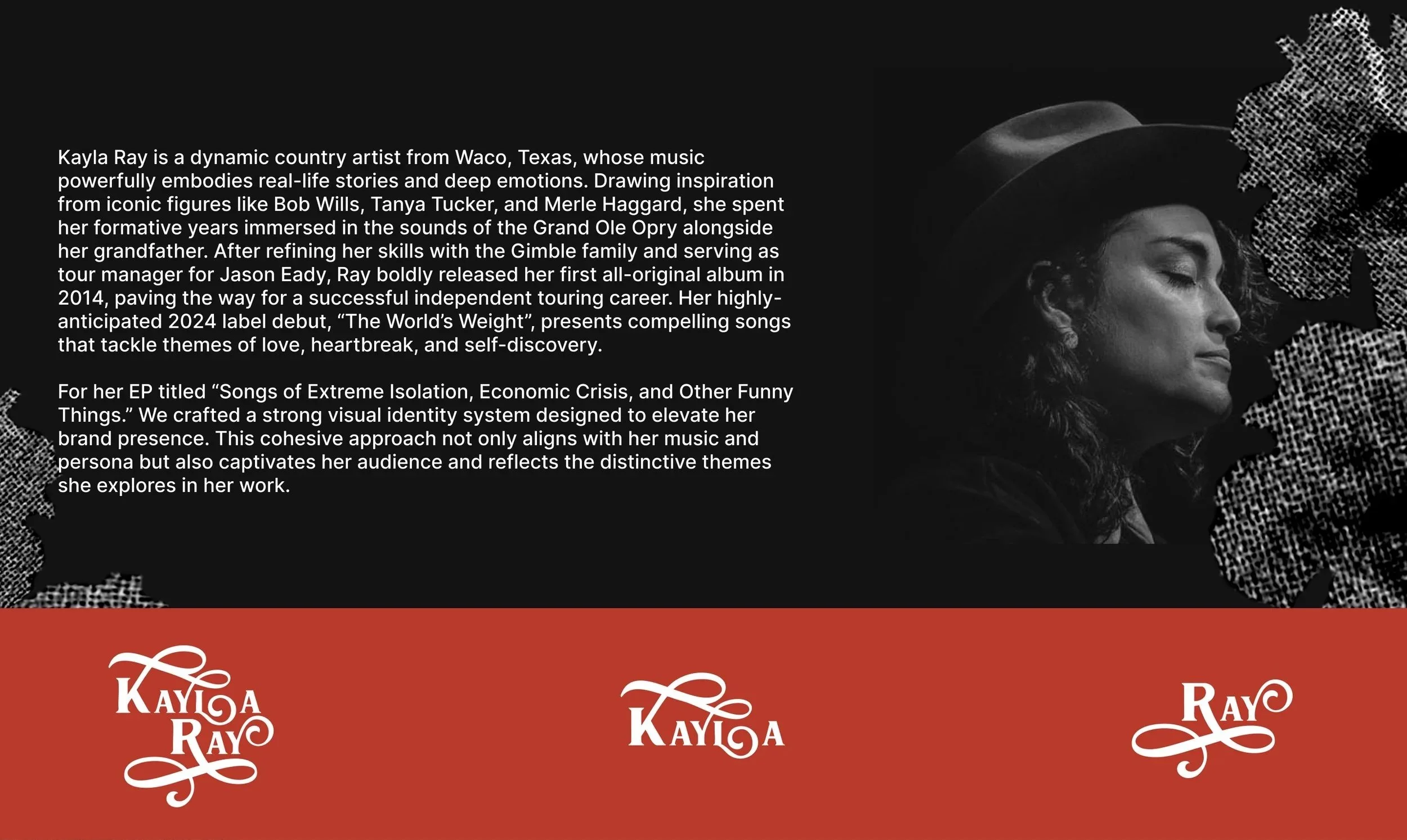A promotional page for Kayla Ray with a black and white portrait of her wearing a hat, accompanied by text about her background and music career, and a red section with her name and logo.