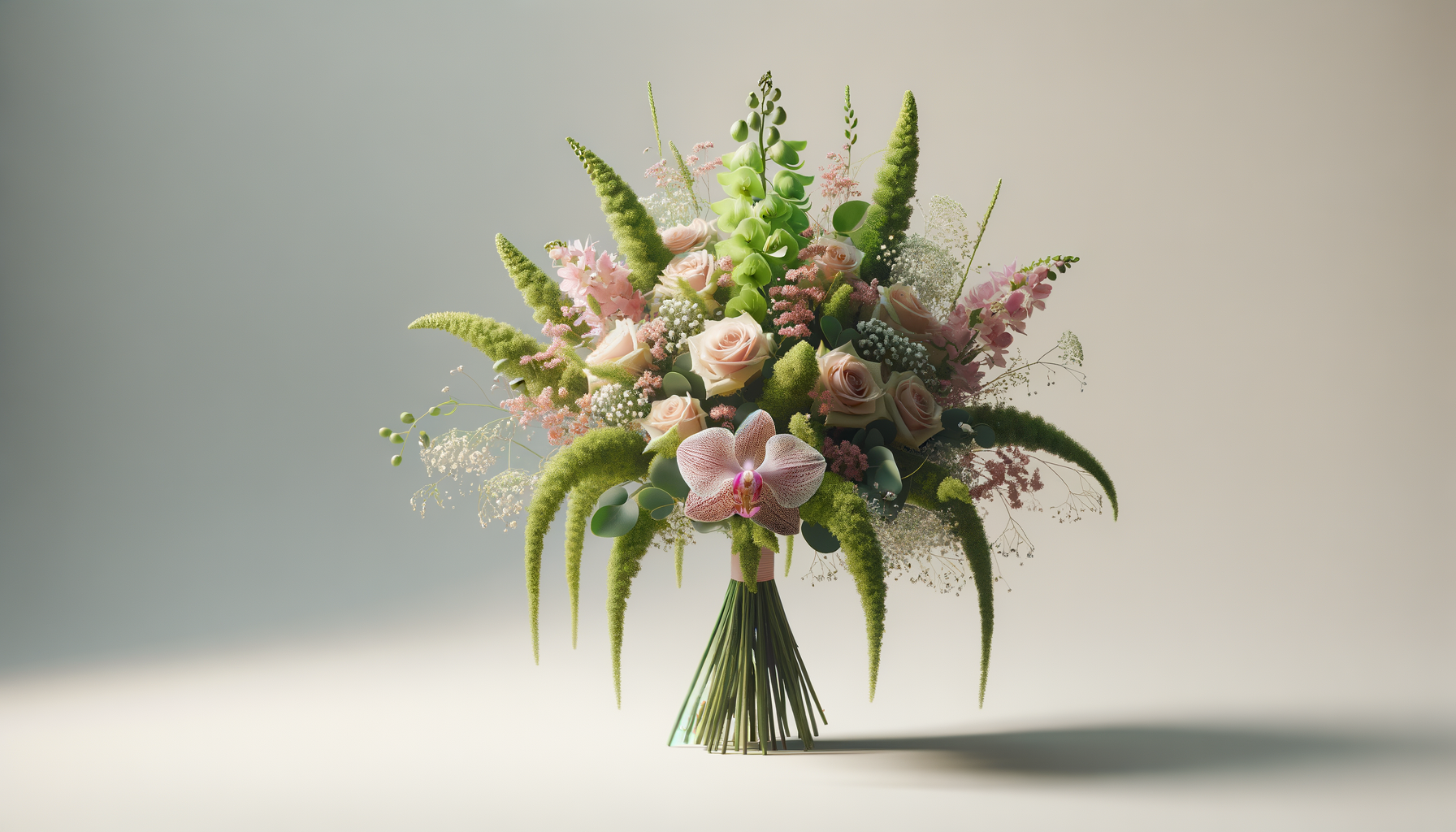 A flower bouquet with pink roses, white orchids, and various green foliage arranged in a fan shape, placed against a neutral background.