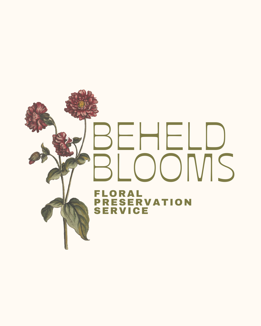 Logo for Beheld Blooms, a floral preservation service, featuring a detailed illustration of pink flowers with green leaves.