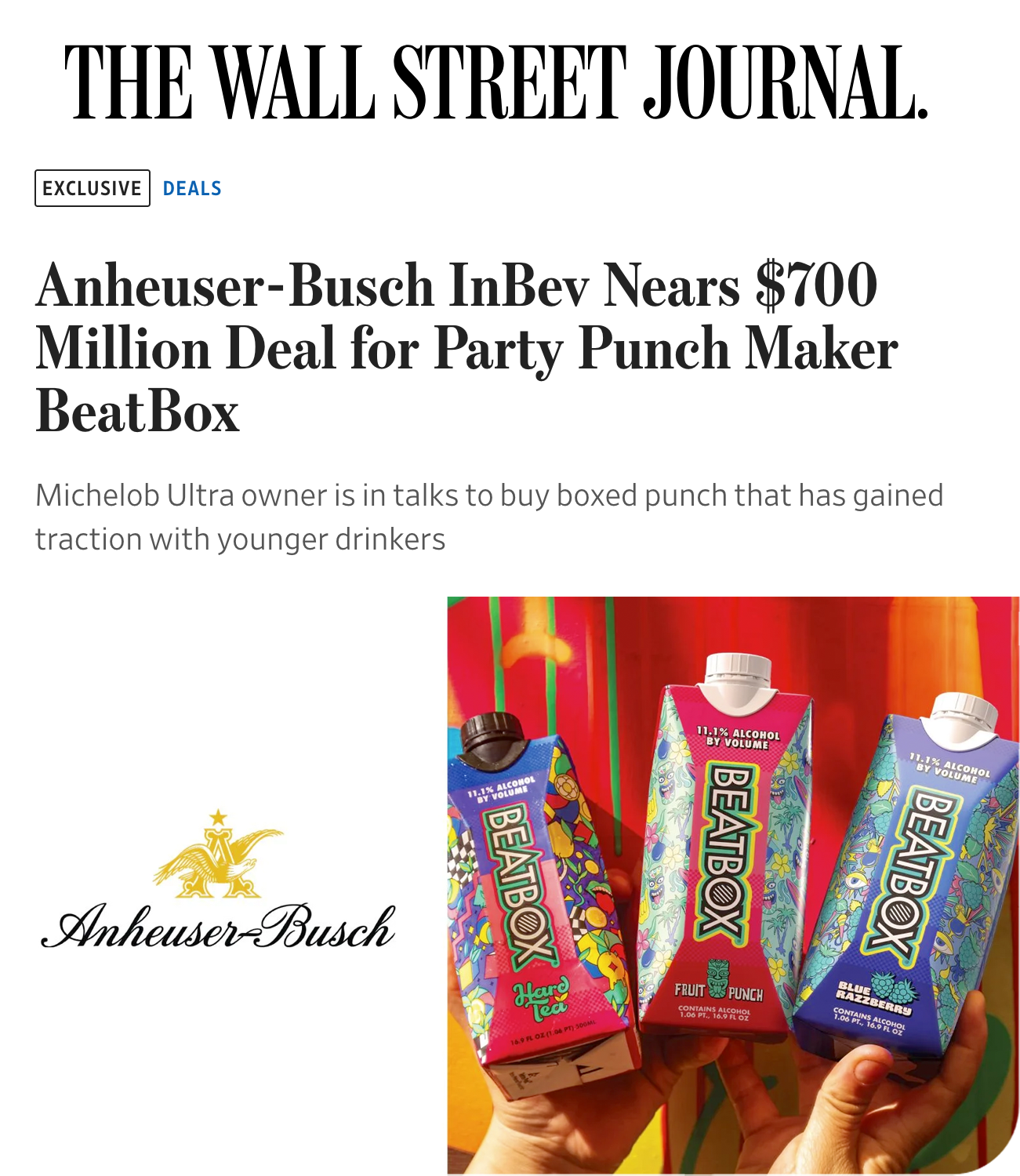 Three colorful cartons of BeatBox Party Punch drink, each labeled with 11.1% alcohol by volume, held in front of a vibrant background with red, orange, and green colors.