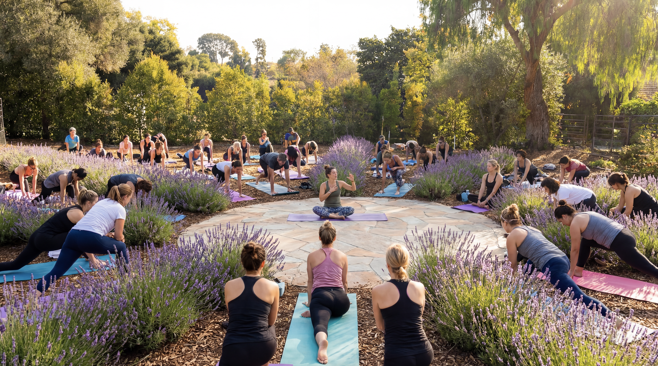A large outdoor yoga session with many women practicing yoga on mats among lavender plants, with a lead instructor in front and trees in the background.