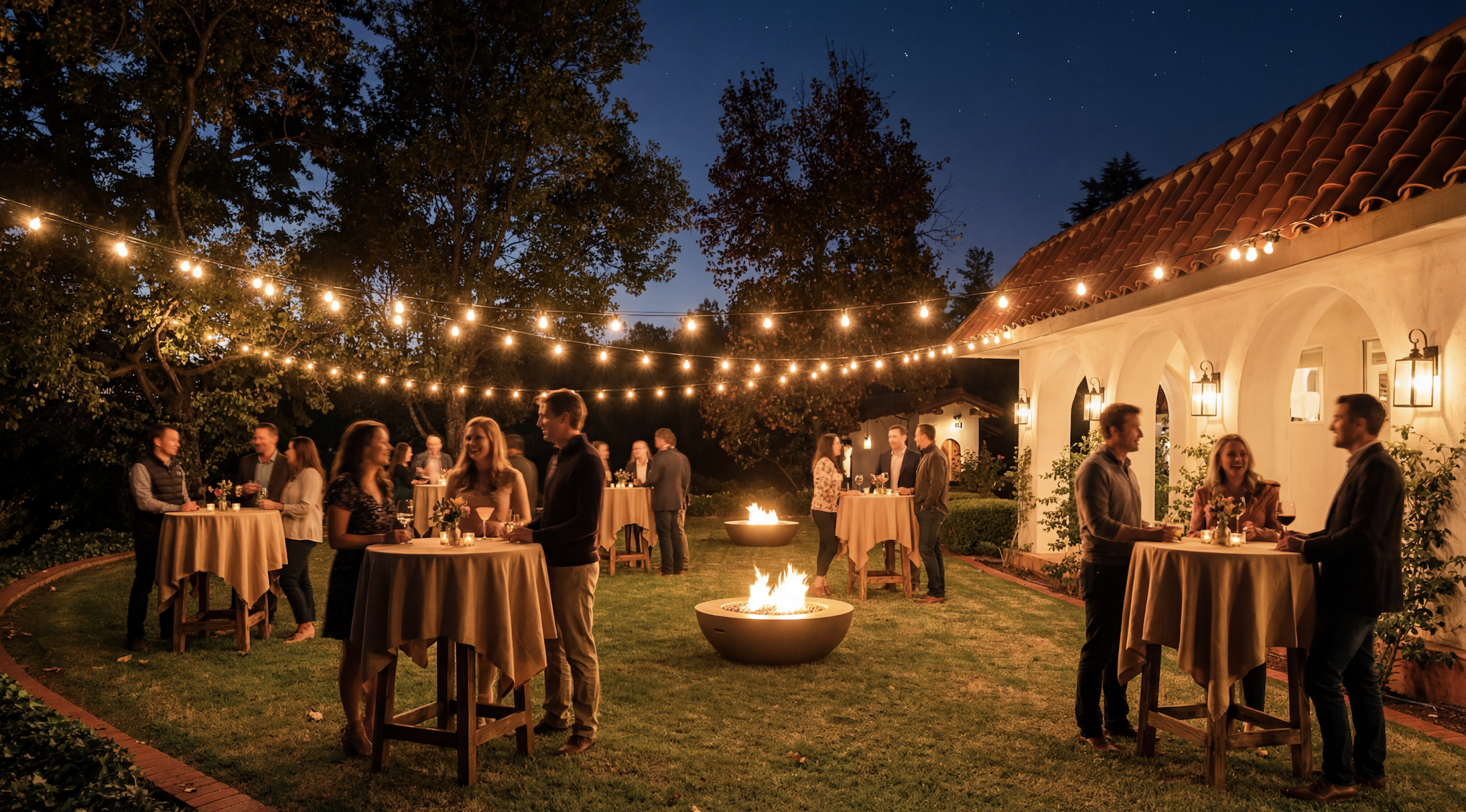 People socializing at an outdoor evening gathering with string lights, fire bowls, and tables on a grassy yard beside a beige house with arched windows and a tiled roof.