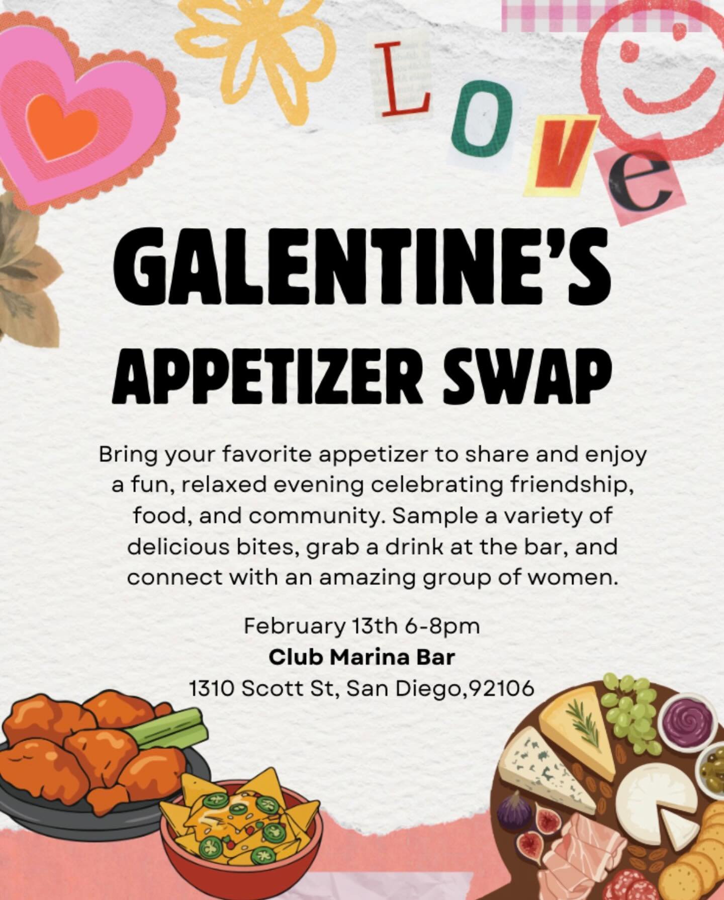 💗 Galentine&rsquo;s Day Appetizer Swap 💗

Bring your favorite appetizer to share and enjoy a fun, relaxed evening celebrating friendship, food, and community. Sample a variety of delicious bites, grab a drink at the bar, and connect with an amazing