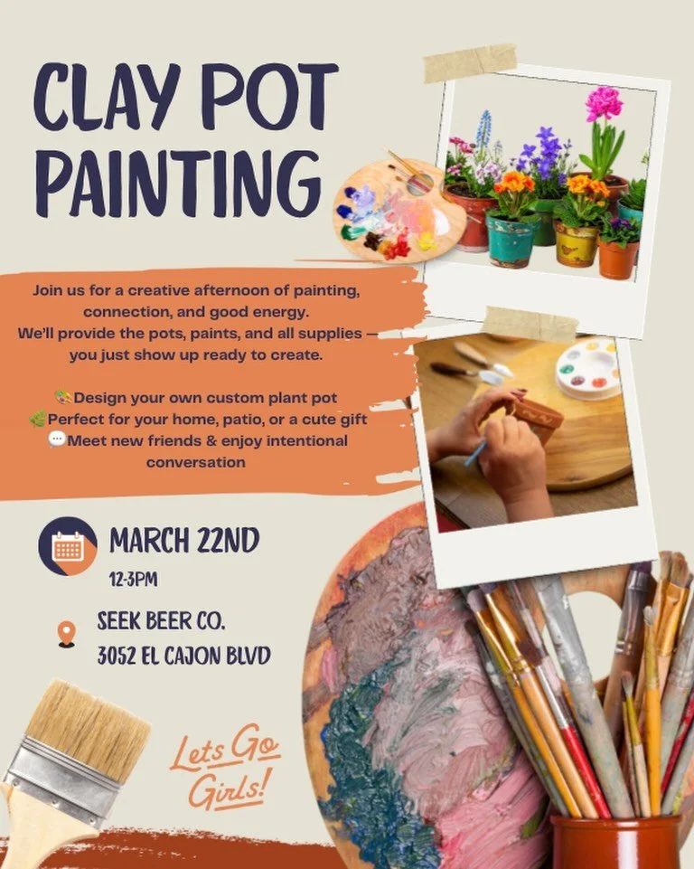 🎨 Clay Pot Painting 🎨

Join us for a creative afternoon of painting, connection, and good energy.

We&rsquo;ll provide the pots, paints, and all supplies &mdash; you just show up ready to create.

🎨 Design your own custom plant pot
🌿 Perfect for 