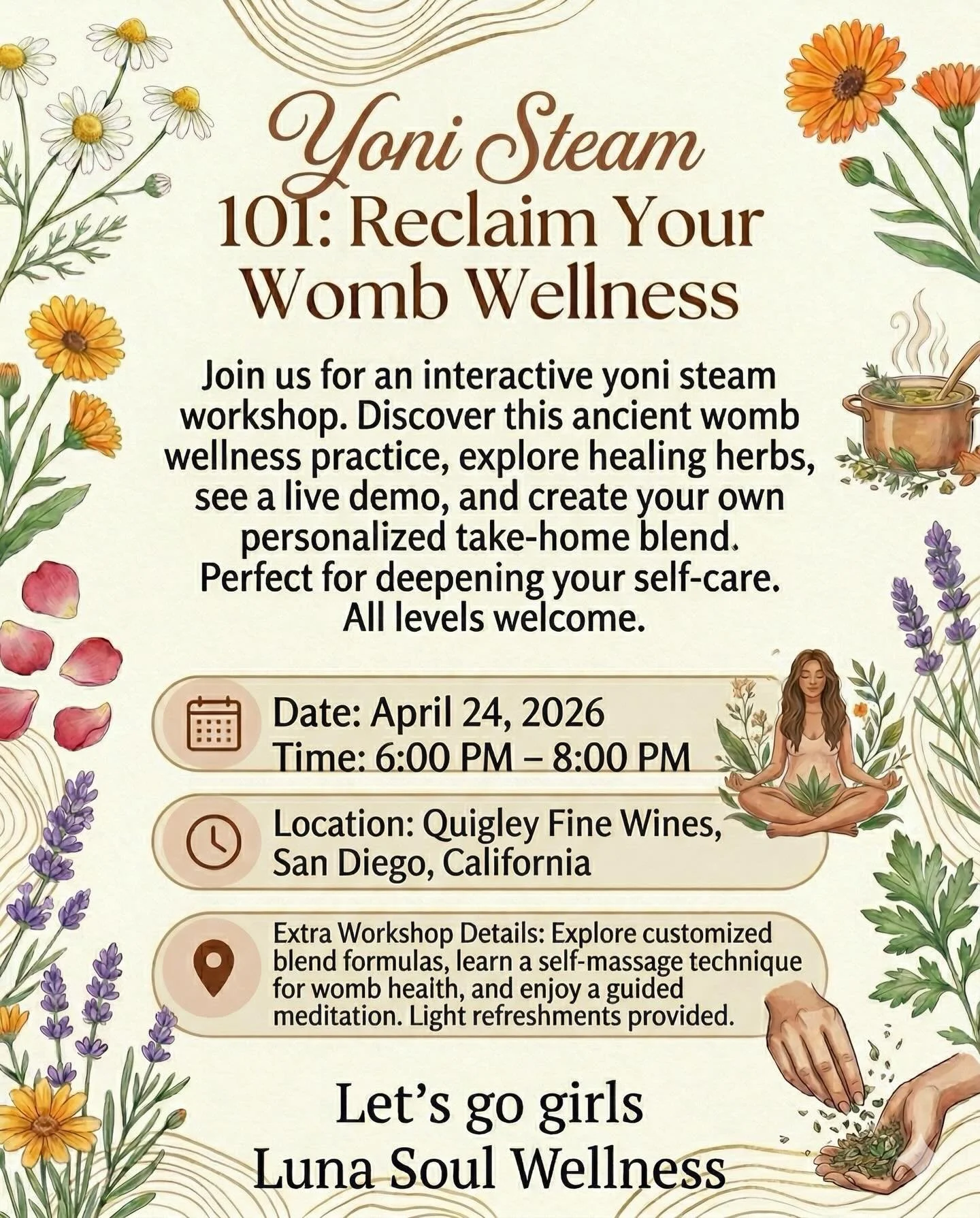 Yoni Steam: Sacred Feminine Womb Wellness 🧘&zwj;♀️

Yoni steaming is a traditional practice of steaming your womb using medicinal herbs. This ancient self-care ritual has been used for generations to support menstrual health, hormonal balance, and o