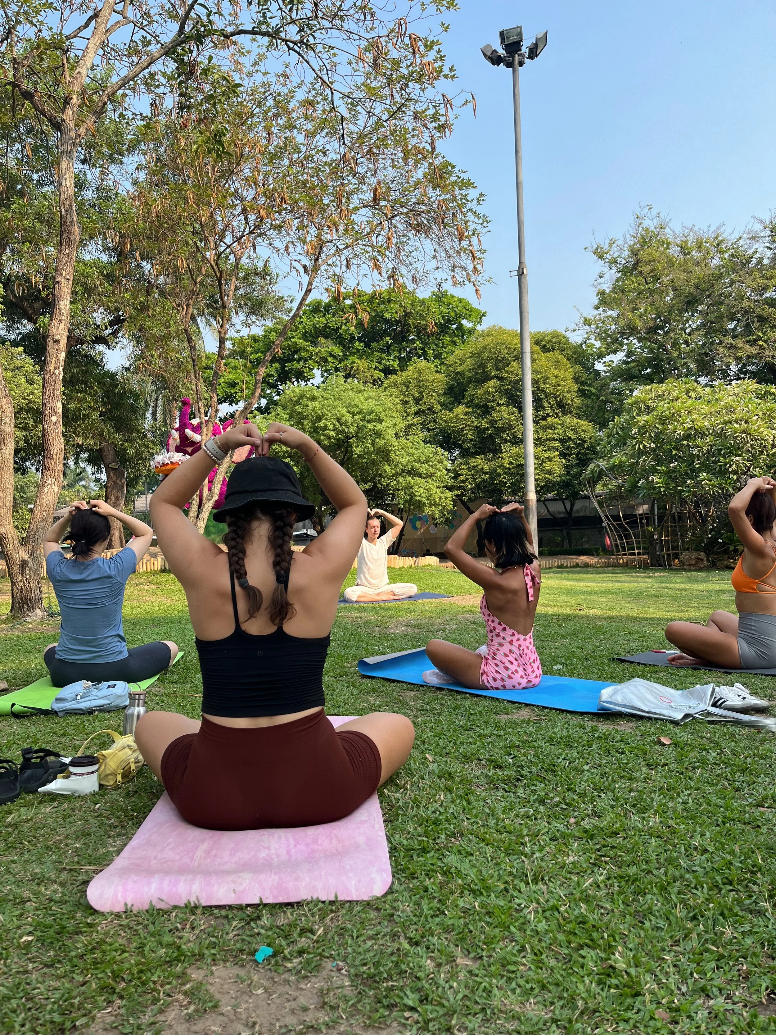 A group of people practicing yoga outdoors in a park, stretching and meditating on yoga mats. They are facing forward with their hands raised above their heads, surrounded by greenery and trees on a bright, sunny day.