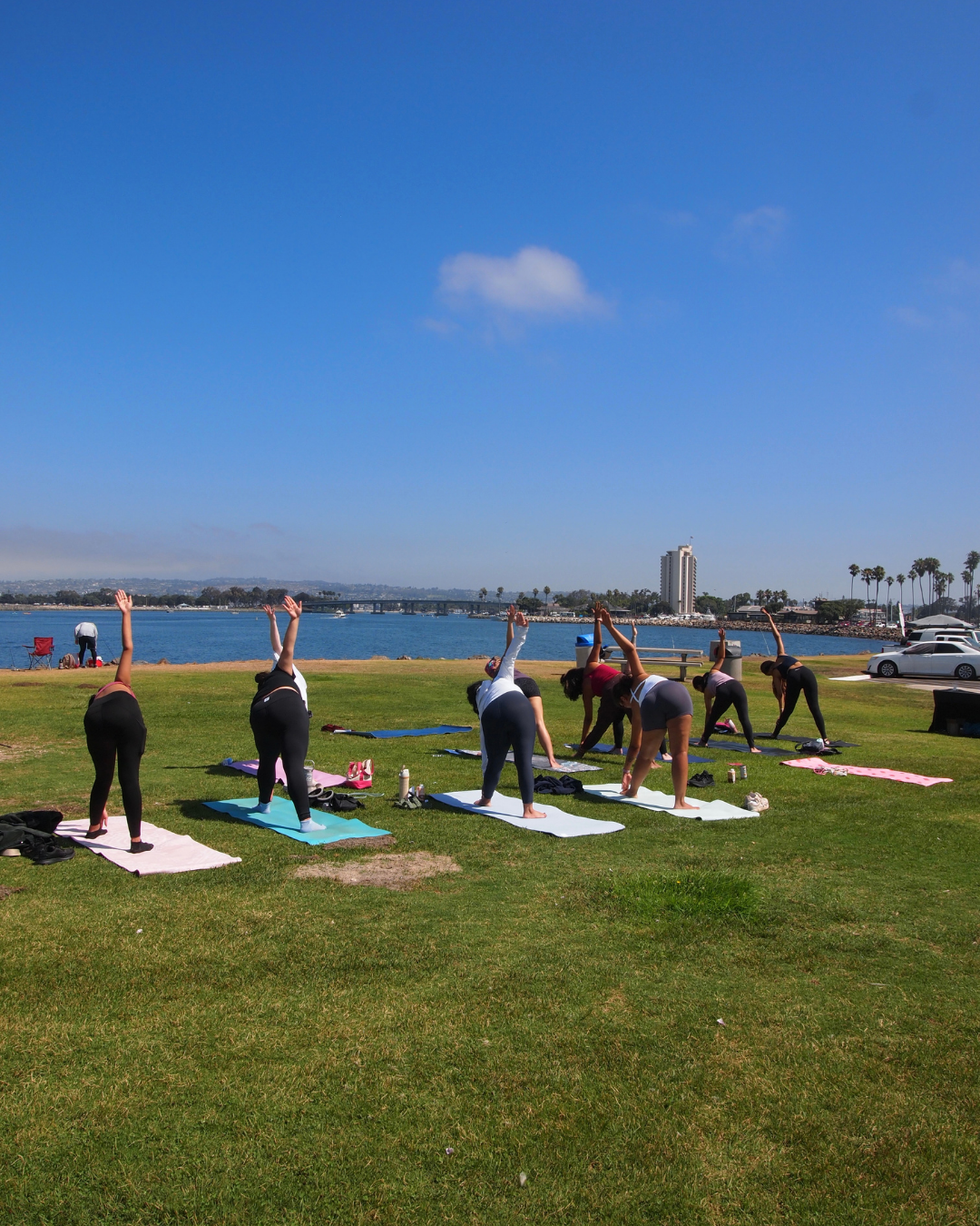 Group of people practicing yoga outdoors on grass near water with city skyline and palm trees in the background.