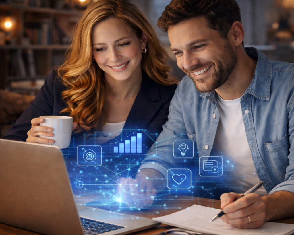 Pareja trabajando en laptop con gráficos digitales flotantes, usando inteligencia artificial para organizar tareas y tomar mejores decisiones profesionales.