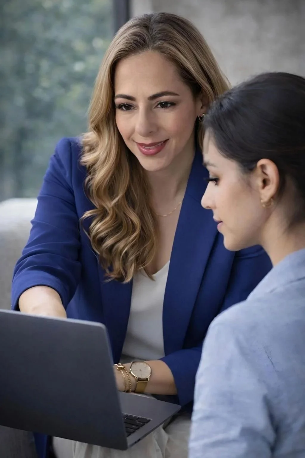 Carlota Alvarado enseñando inteligencia artificial aplicada a la vida real, acompañando a una mujer desde su laptop en un entorno profesional.