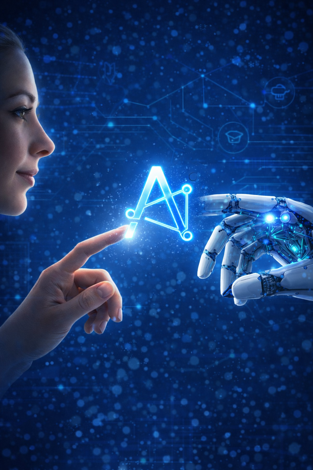 Ícono luminoso en forma de letra A, simbolizando la conexión entre inteligencia artificial y criterio humano en el proyecto AI Real Connection.