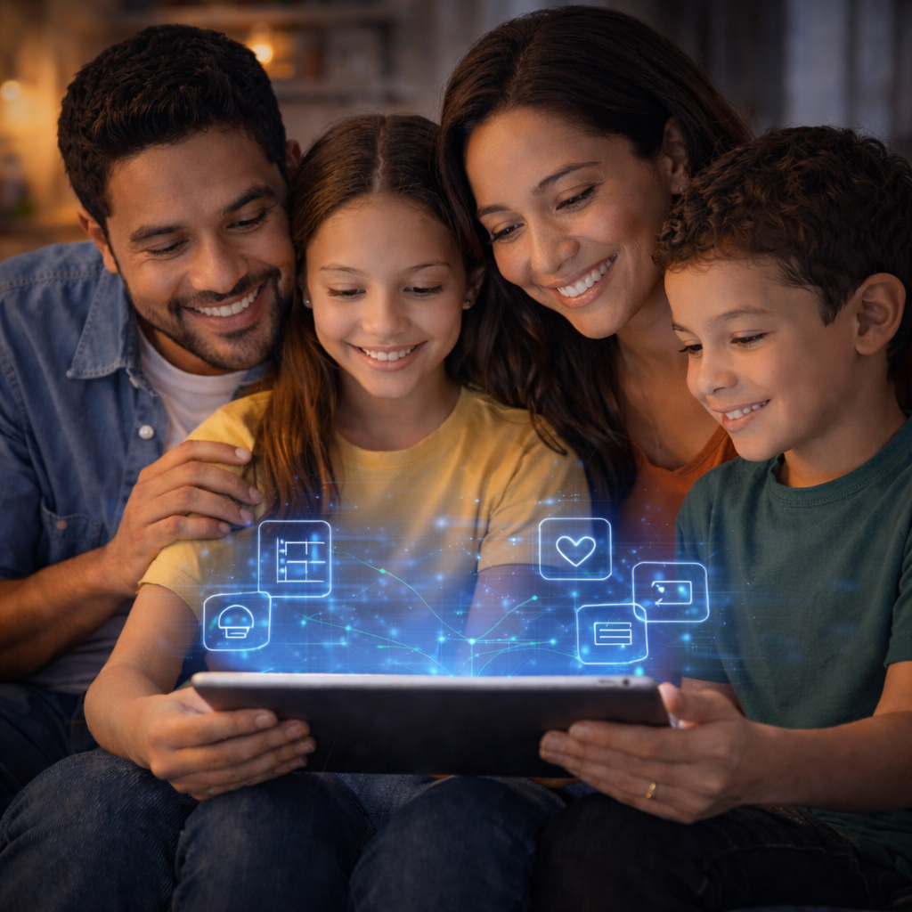 Familia sonriente reunida alrededor de una tablet, usando inteligencia artificial para apoyar el aprendizaje y la organización familiar.