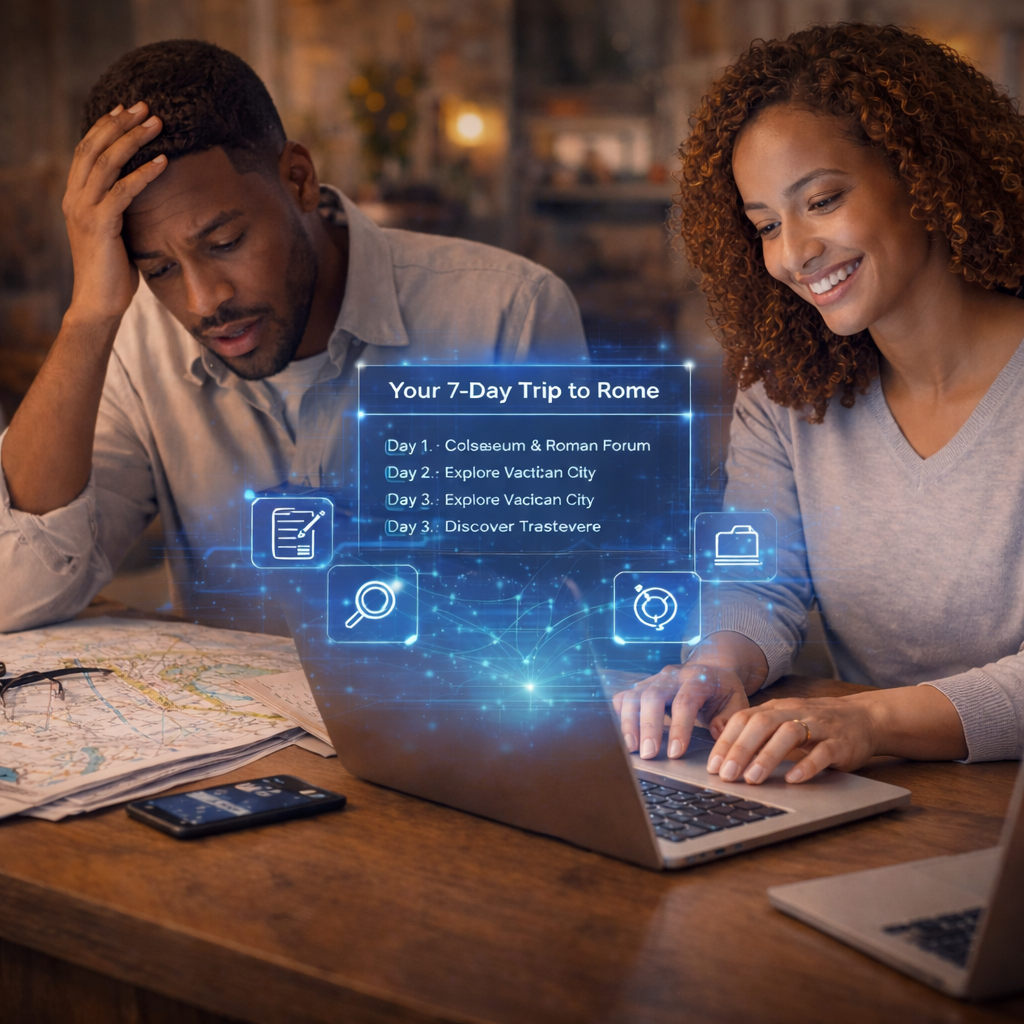 Pareja planificando un viaje con mapas y laptop, apoyados por inteligencia artificial para facilitar la planificación.