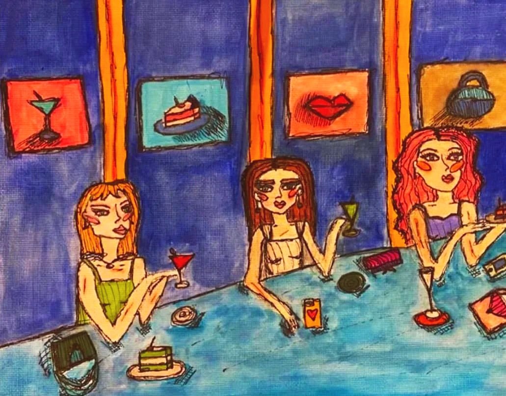 Girls Night Out (watercolor & pen on canvas 8.5x11in)