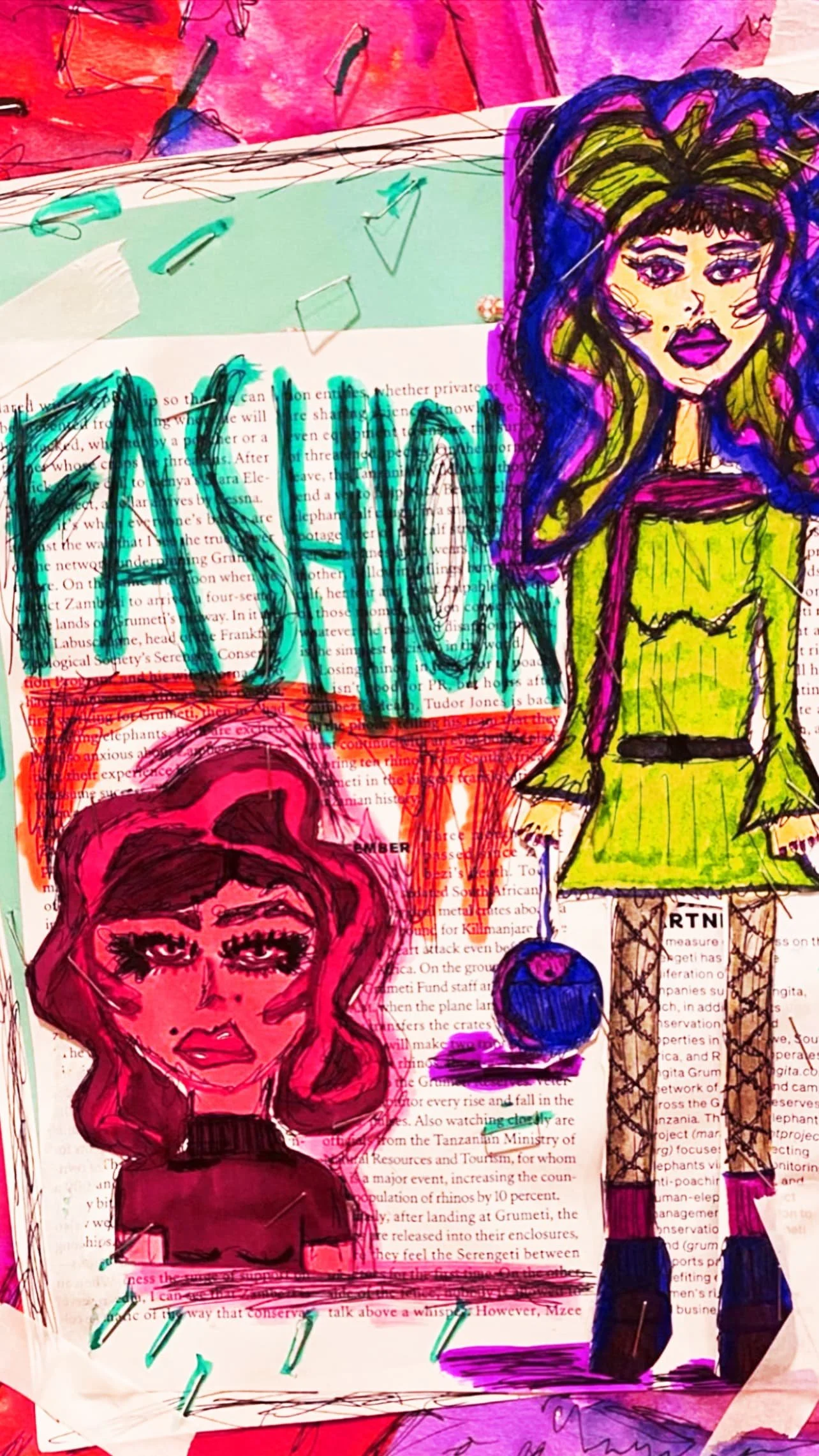Fashion (water color & pen collage on paper 18x11 in)
