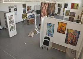 Art gallery with various paintings on the walls and two dogs sitting on the gray carpeted floor.