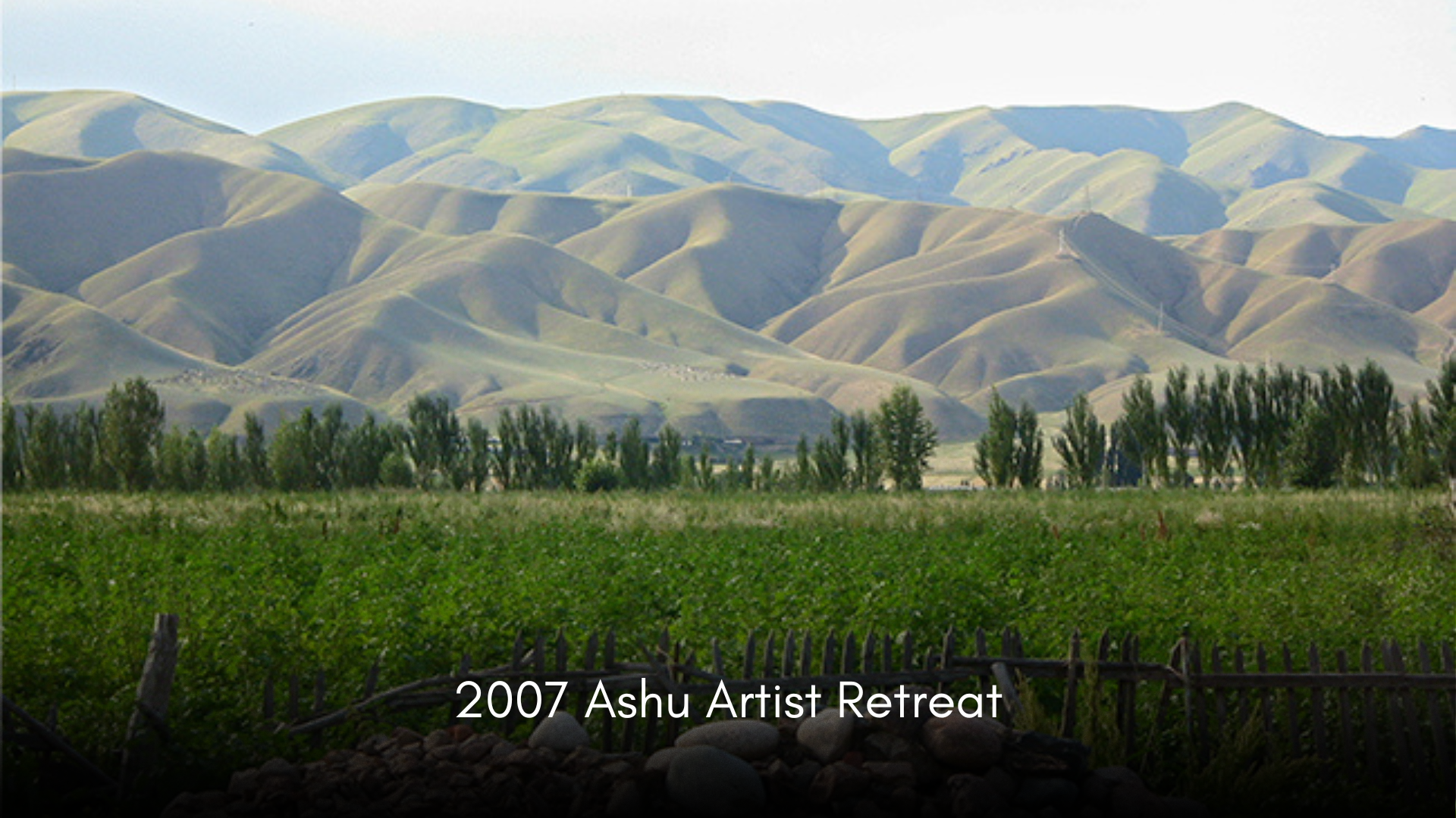 Landscape of rolling green hills with a row of trees in the foreground and a rustic fence at the bottom, taken at the 2007 Ashu Artist Retreat.