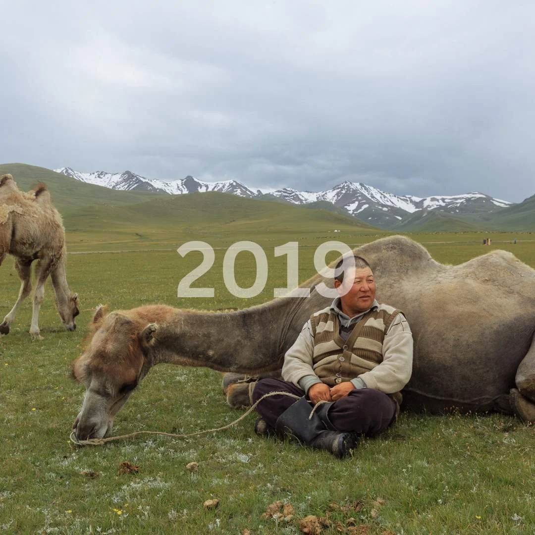 A man sitting on grass with a camel resting its head on his lap in a wide open field with mountains in the background, with a cloudy sky and the year 2019 overlaid.