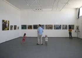 People viewing artwork in a gallery. Two children and an adult are standing in front of wall-mounted photographs or paintings, with another person looking at artwork on the far side of the room.