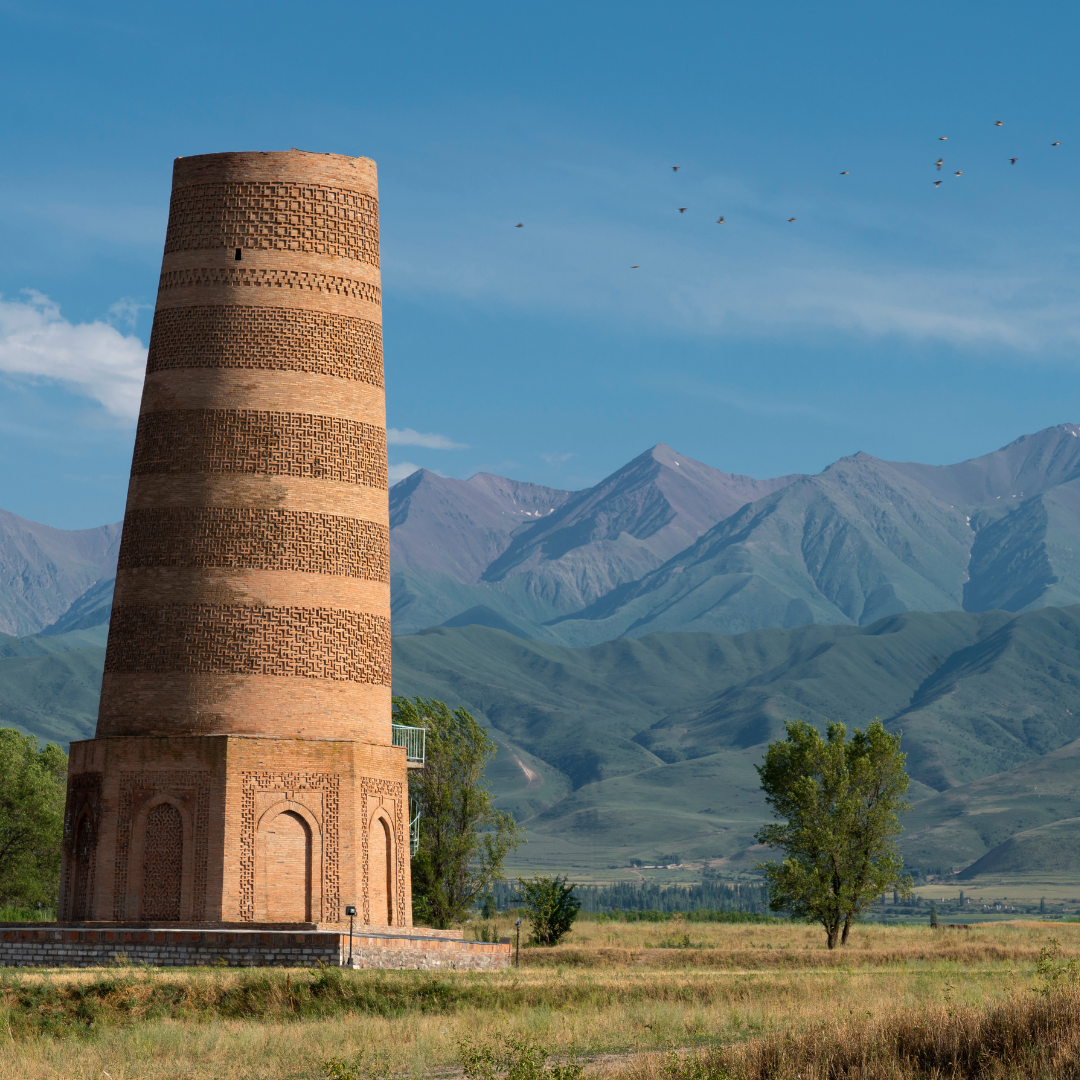 A tall, cylindrical brick tower with decorative brickwork patterns on a grassy plain, with green trees, mountains in the background, and a blue sky with a flock of birds.