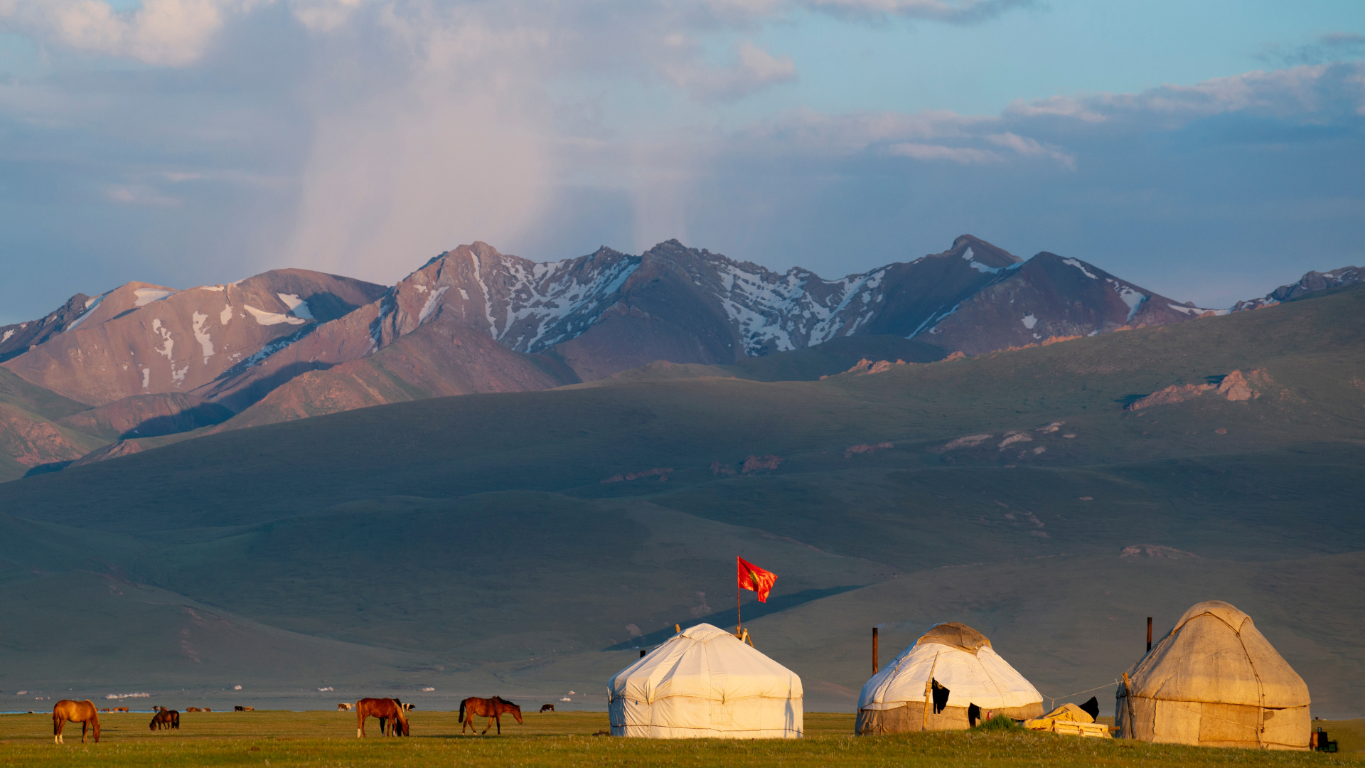 Landscape with green plains, grazing horses, and traditional yurt tents, with a mountain range in the background under a partly cloudy sky.