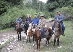 Five people riding horses in a wooded outdoor area.