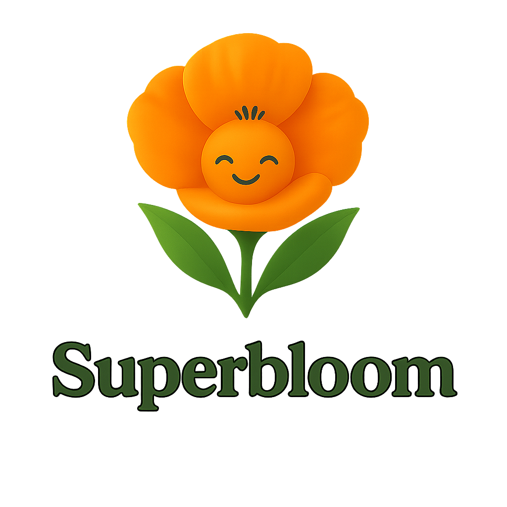 A cartoon orange flower with a smiling face in the center and green leaves, with the text 'Superbloom' underneath.