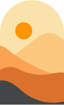 Abstract desert landscape with layered orange and beige dunes and a setting or rising sun.