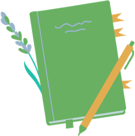 A green notebook with a yellow pencil resting on it, decorated with blue and green leaves and abstract shapes.