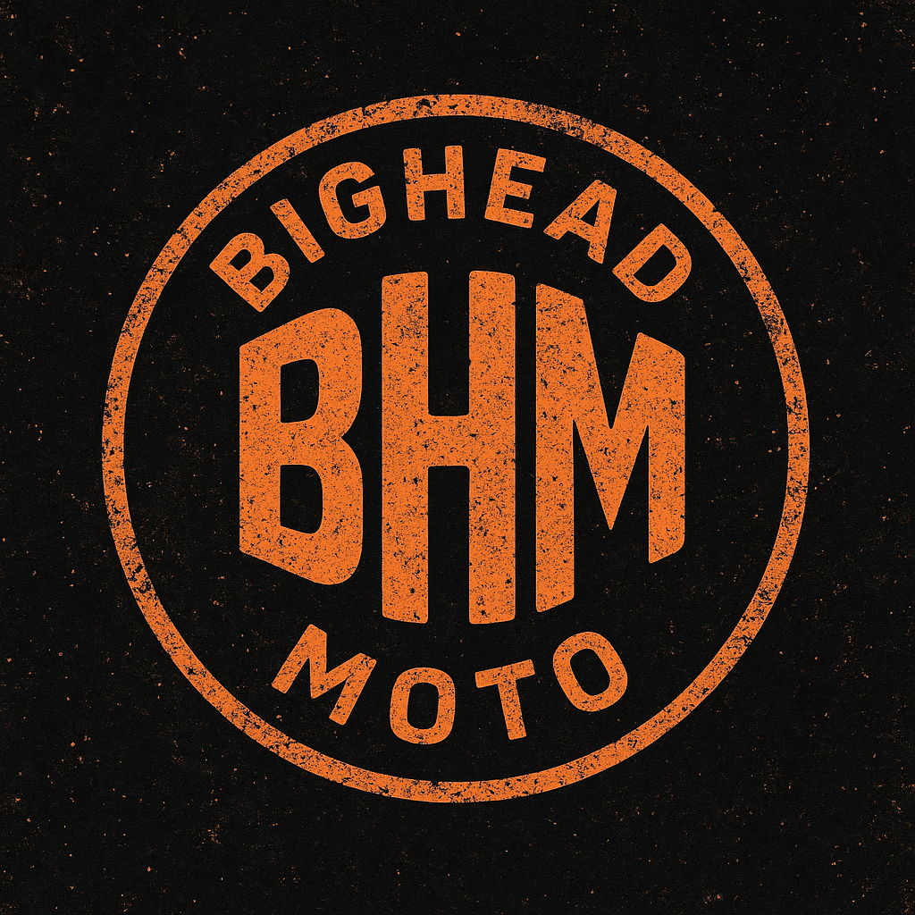 Vintage-style orange and black logo for Big Head BHM Moto, featuring a circular design with distressed text.