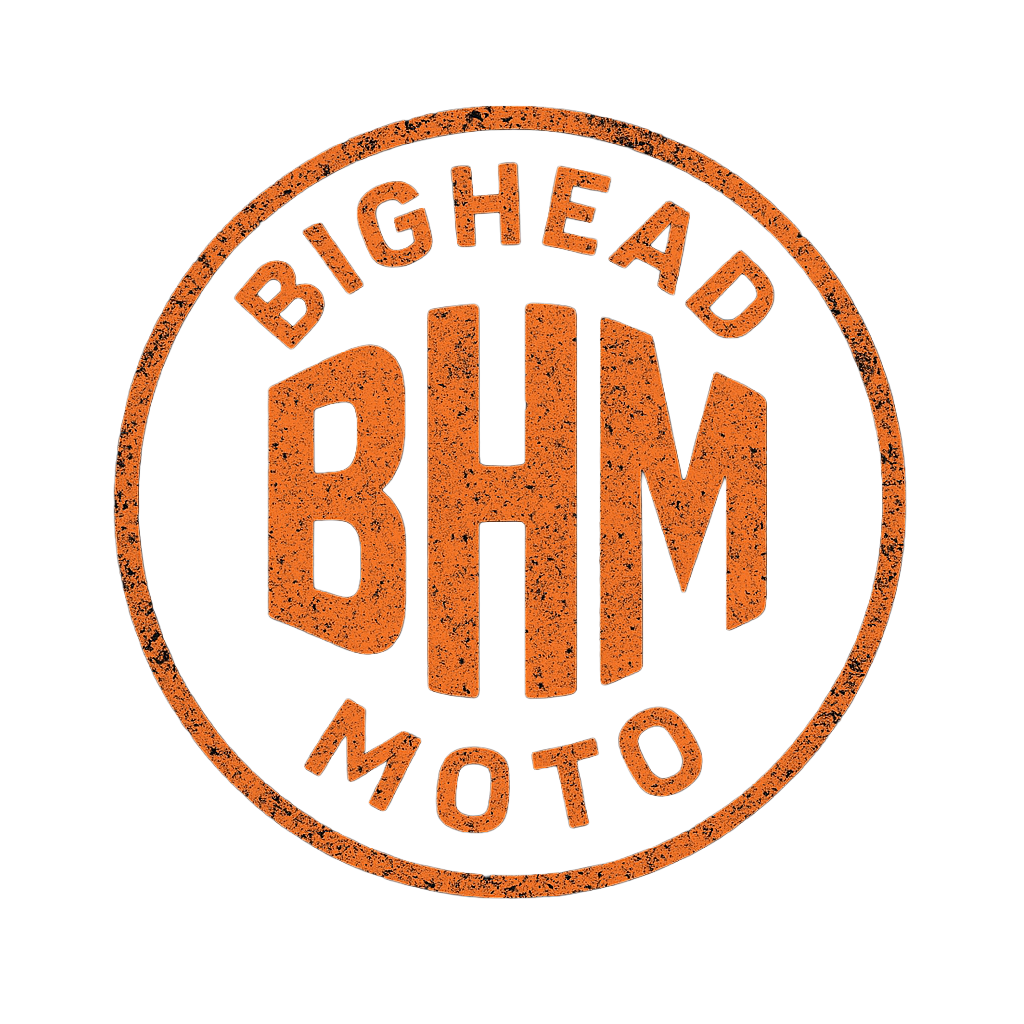 Orange logo with black background reading 'BigHead BHM Moto' in a circular design.