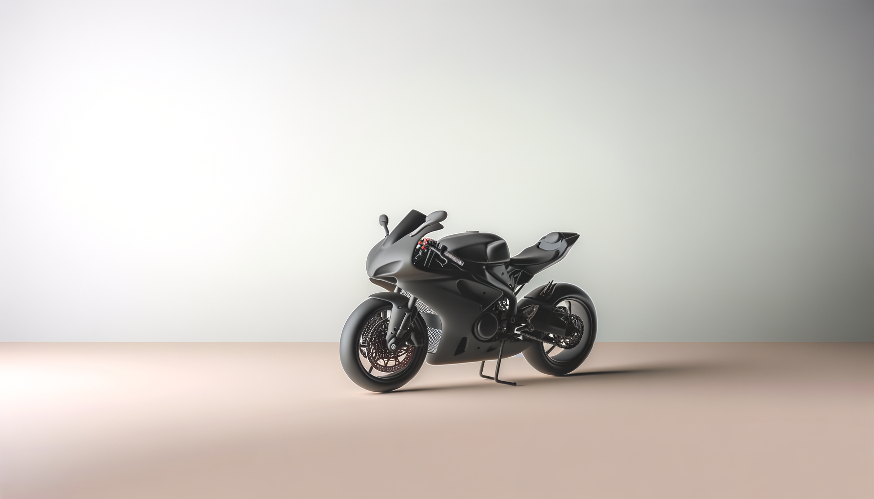 A sleek black futuristic motorcycle with aerodynamic design and minimalistic features, parked against a plain light-colored background.