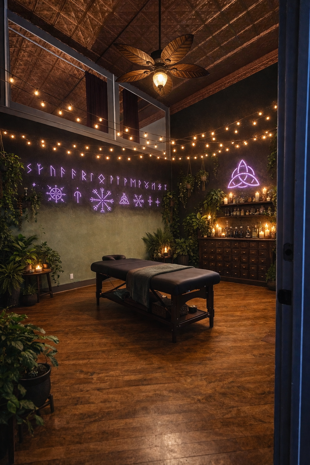 A cozy therapy or massage room decorated with plants, candles, and neon symbols on the wall. The room features a massage table, string lights overhead, and a bookshelf with bottles and candles, creating a soothing and mystical ambiance.